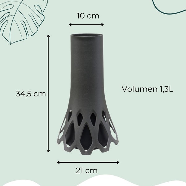 Dekorative Vase mit den Maßen 34,5 cm Höhe, 10 cm Durchmesser oben und 21 cm Durchmesser unten, Volumen 1,3 Liter
