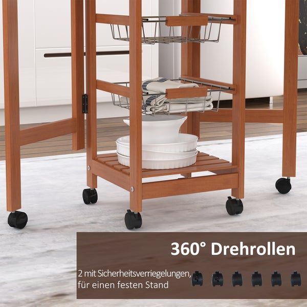 HOMCOM Küchenwagen, Servierwagen mit klappbarer Tischplatte, Rollwagen, Küchentrolley Küchenrollwagen mit Schubladen und Drahtkörben, Kiefernholz, Natur, 91 x 37 x 75 cm