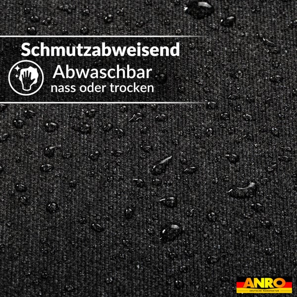 Schmutzabweisendes und nass oder trocken abwaschbares Gewebe mit Wassertropfen. ANRO Logo.