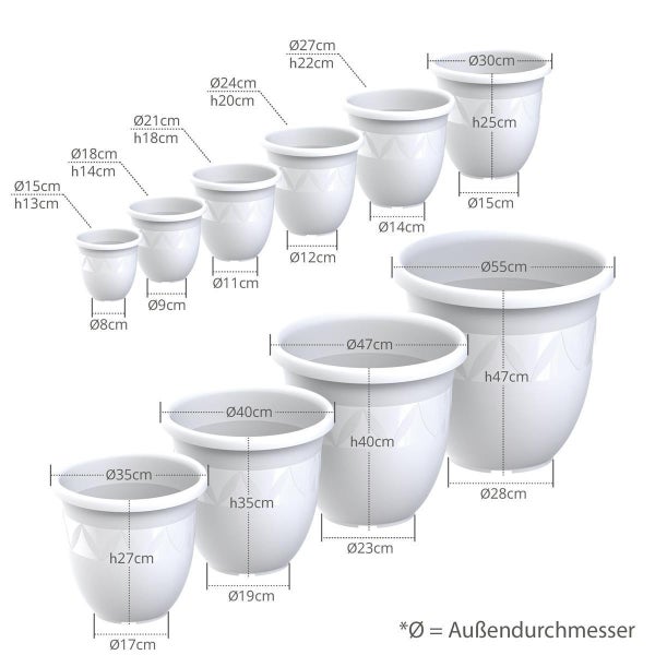 Verschiedene Größen von Blumentöpfen mit geometrischem Muster und Größenangaben