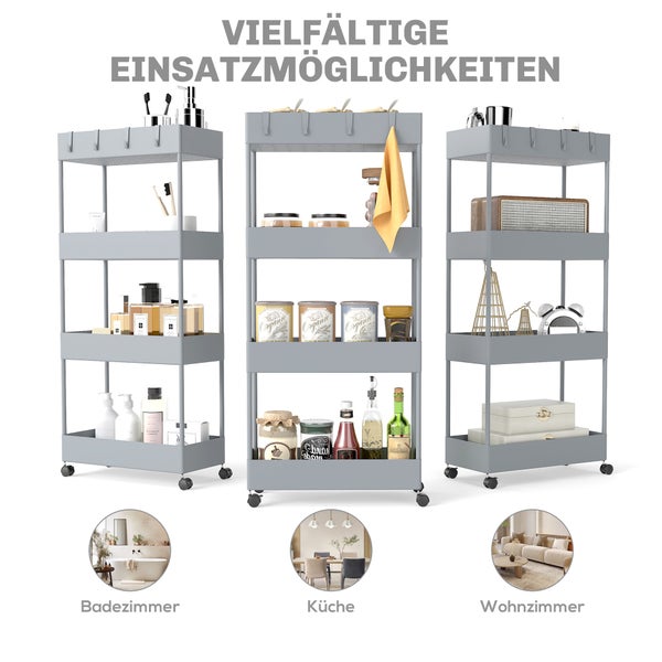 Vielseitige Verwendungsmöglichkeiten mit einem grauen Rollwagen in Bad, Küche und Wohnzimmer.