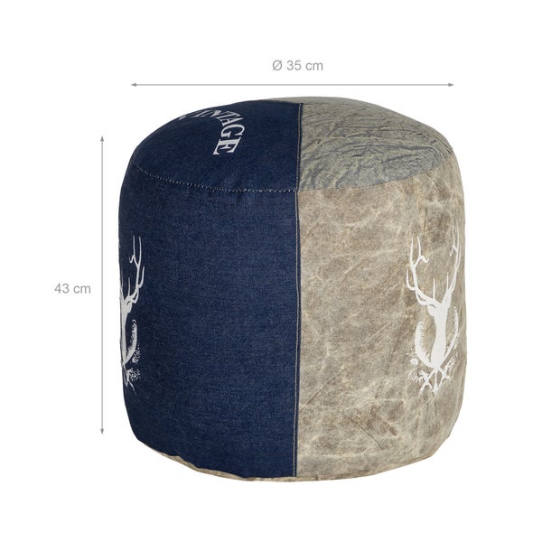 WOMO-DESIGN Sitzpouf Jacksonville Ø35x43cm, Natur/Blau, Unikat, handgefertigt aus Segeltuch/Jeans, Baumwolle Füllung, Runder Sitzpuff Pouf Puff Sitzhocker Sitzkissen Fußhocker Fußbank Hocker Ottoman