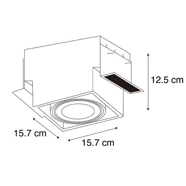 Maßzeichnung einer quadratischen Einbauleuchte mit 15,7 mal 15,7 Zentimetern und einer Höhe von 12,5 Zentimetern.
