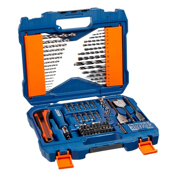 Werkzeugkoffer mit Bohrern, Bits, Schraubendreher und Cutter in blauem Kunststoffkoffer