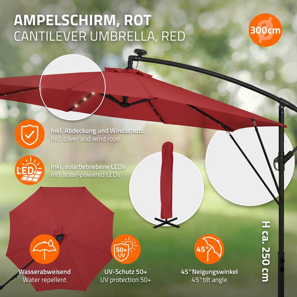 Ampelschirm mit 300 Zentimeter Durchmesser, solarbetriebener LED Beleuchtung, wasserabweisendem Bezug, UV Schutz 50 plus und 45 Grad Neigungswinkel.