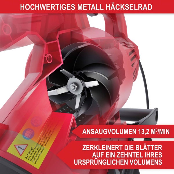 Hochwertiges Metall-Häckselrad eines Laubsaugers mit 13,2 Kubikmetern pro Minute Ansaugvolumen und Zerkleinerung auf ein Zehntel des Volumens.