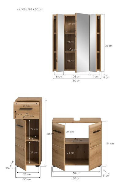 Badezimmermöbel-Set in Eichenoptik mit Maßen für Spiegelschrank, Beistellschrank und Unterschrank, circa 105 mal 185 mal 30 Zentimeter.