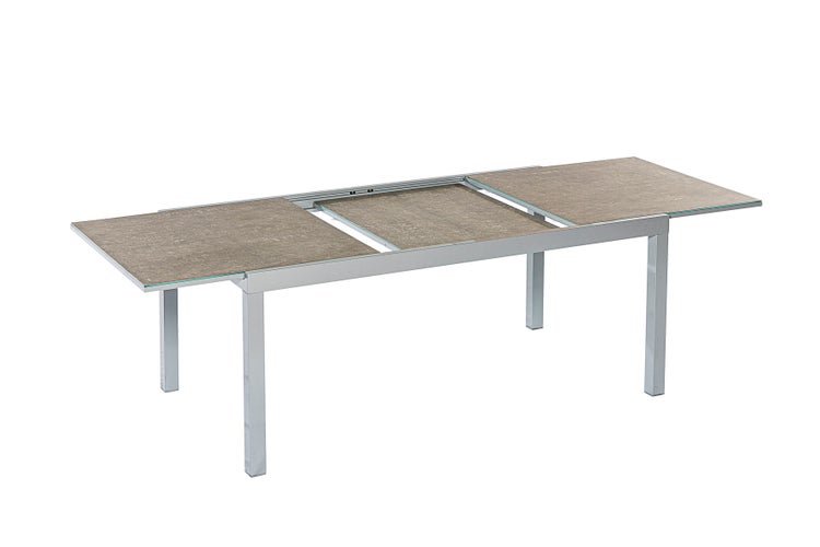 Semi Ausziehtisch, 180 (250) x 100 cm, Tischplatte in Steinoptik, Silber, Aluminium