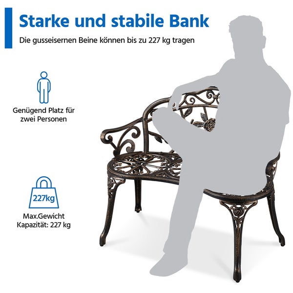Stabile Gartenbank aus Metall mit maximaler Belastbarkeit 227 kg für zwei Personen