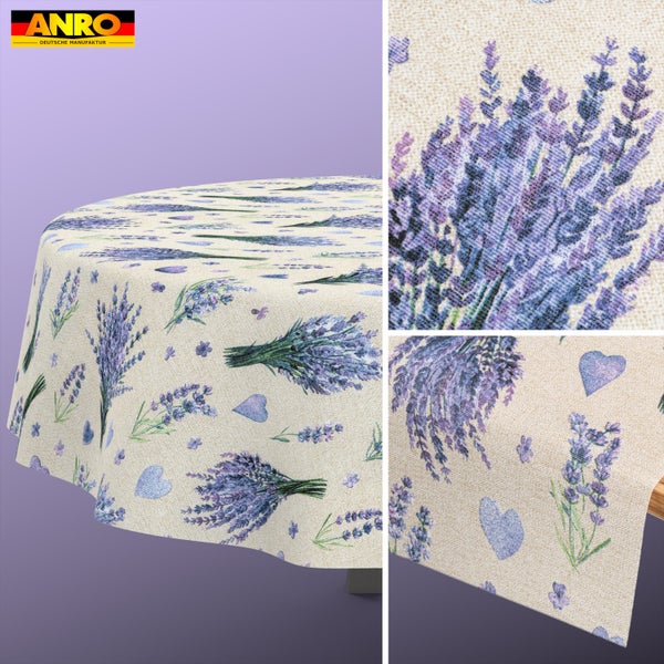 Tischdecke mit Lavendel- und Herzmuster, ANRO Logo.