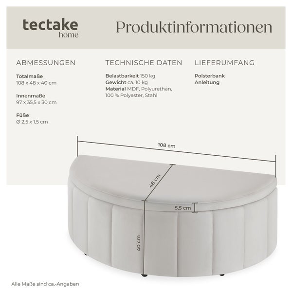 tectake home Logo und Produktinformationen für eine Polsterbank mit Maßen 108 mal 48 mal 40 Zentimeter und technischen Daten.