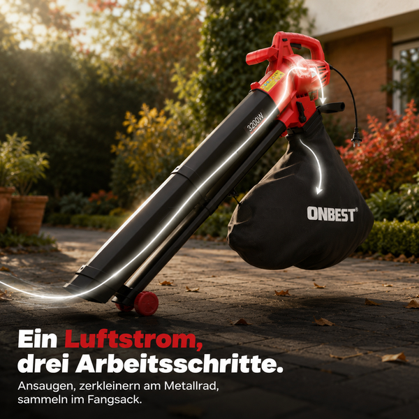 Elektrischer Laubbläser und Laubsauger von ONBEST mit 3200 Watt Leistung, zeigt die Funktionen Ansaugen, Zerkleinern und Sammeln im Fangsack.