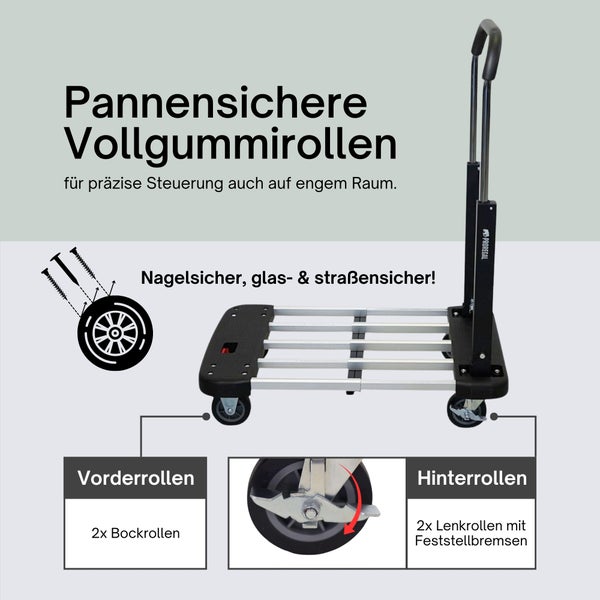Klappbarer Plattformwagen mit pannensicheren Vollgummirollen, zwei Bockrollen und zwei Lenkrollen mit Feststellbremsen.