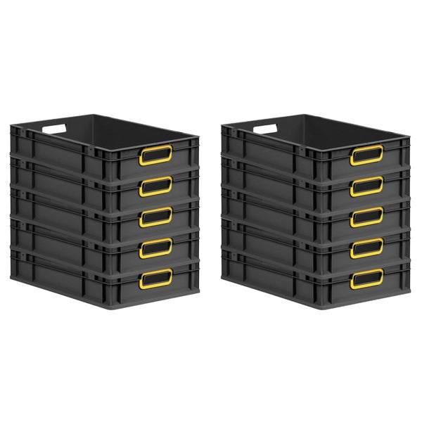 PROREGAL SparSet 10x Eurobox NextGen Color, HxBxT 12x40x60cm, 23 Liter, Griffe gelb offen, Schwarz, Eurobehälter, Transportbox, Transportbehälter, Stapelbehälter