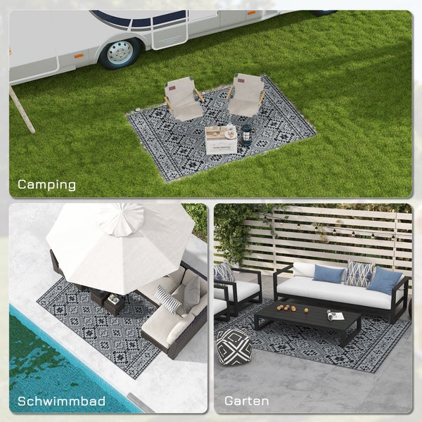 Outsunny Outdoor-Teppich, wasserabweisend, für Camping, Terrasse, 182 x 274 cm, Kunststoff, Schwarz+Grau