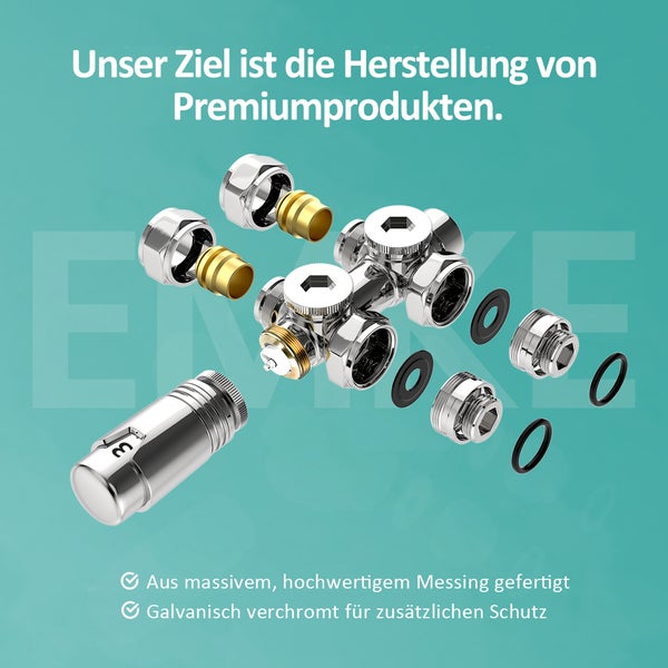 EMKE Heizkörperthermostat Multiblock-Set – Anschlussarmatur mit Thermostat für Heizkörper und Handtuchtrockner, Heizungszubehör in Eck- und Durchgangsform φ16xG1/2 und φ15xG1/2, Chrom