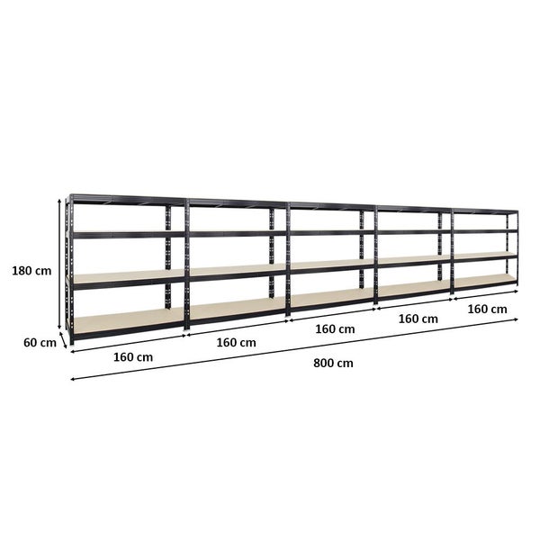 PROREGAL Mega Deal 5x Profi Schwerlastregal Rhino HxBxT 180 x 160 x 60 cm 4 Spanplatten-Ebenen 16mm Fachlast 500 kg Schwarz