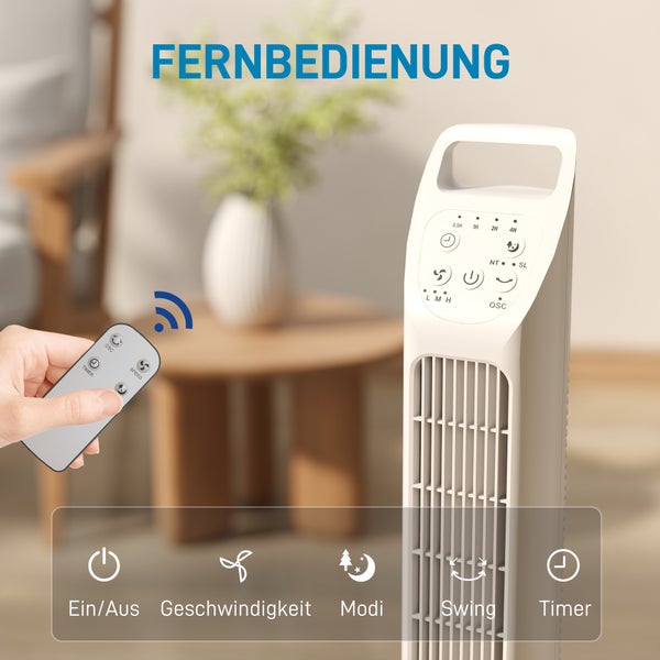 Weißer Turmventilator mit Fernbedienung und Symbolen für Ein-Aus, Geschwindigkeit, Modi, Schwenkfunktion und Timer.