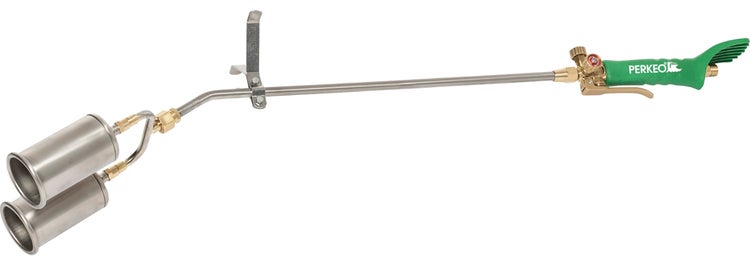 Perkeo Doppelbrenner aus Edelstahl mit grünem Handgriff und Abstellstütze für Dachdeckerarbeiten.