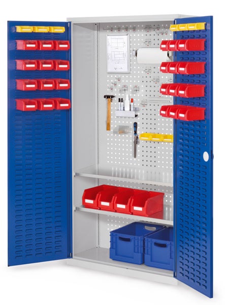 Werkstattschrank mit Lochwand, Regalböden und Sichtlagerkästen zur Aufbewahrung von Werkzeugen und Materialien