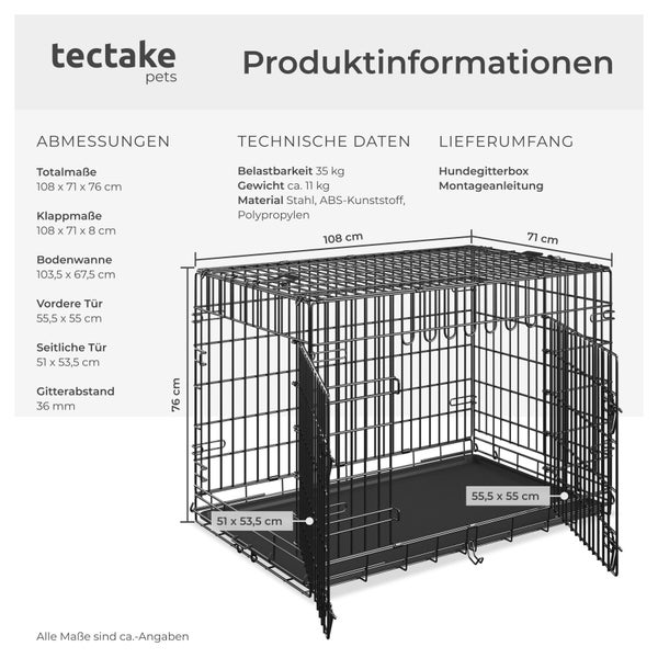 tectake pets Logo. Produktinformationen zur Hundegitterbox mit Maßen von 108 mal 71 mal 76 Zentimetern, technischen Daten und Lieferumfang.