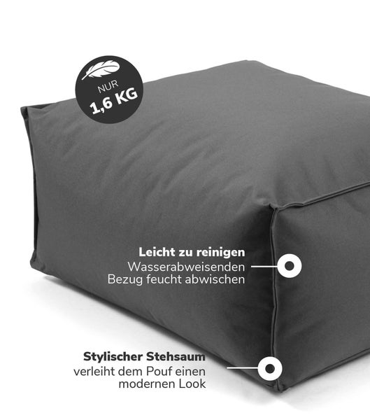 Outdoor Pouf, Hocker 60x45cm in Anthrazit / Schwarz für Balkon und Garten 'Der Ruhestifter' Bodenkissen eckig, Sitzwürfel, Fußhocker, Sitzpouf, Beistelltisch, EPS-Perlen Füllung, Indoor geeignet