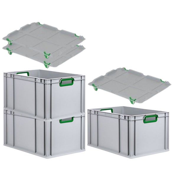 PROREGAL Spar Set 3x Eurobox Nextgen Color Mit Auflagedeckel & Schiebeschnappverschlüsse HxBxT 32 x 40 x 60 cm Griffe Grün Offen Verstärkter Boden