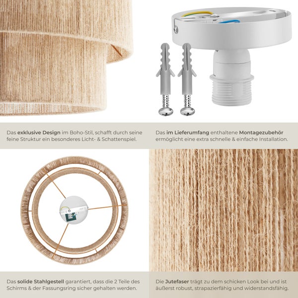 Deckenleuchte im Boho Stil mit zweistufigem Jutefaser Lampenschirm und Montagezubehör inklusive Stahlgestell und Fassung.