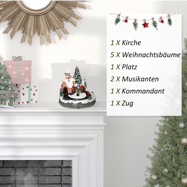 HOMCOM Weihnachtsdorf Weihnachtsstadt mit LED-Leuchtung, 1 Kirche, 5 Weihnachtsbäume, 1 Platz, 2 Musiker, 1 Kommandant und 1 beweglicher Zug Winterlandschaft für Weihnachten