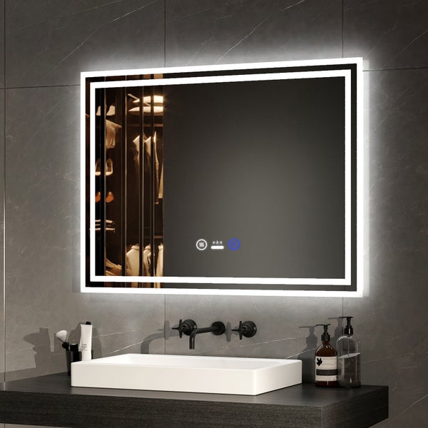 EMKE Badspiegel mit Beleuchtung 80 x 60 cm, Touch- & Sensorschalter, Anti-Beschlag, dimmbar, Warmweiß/Neutralweiß/Kaltweiß, 51 W, Aluminiumrahmen Weiß, flexibel montierbar, für Badezimmer