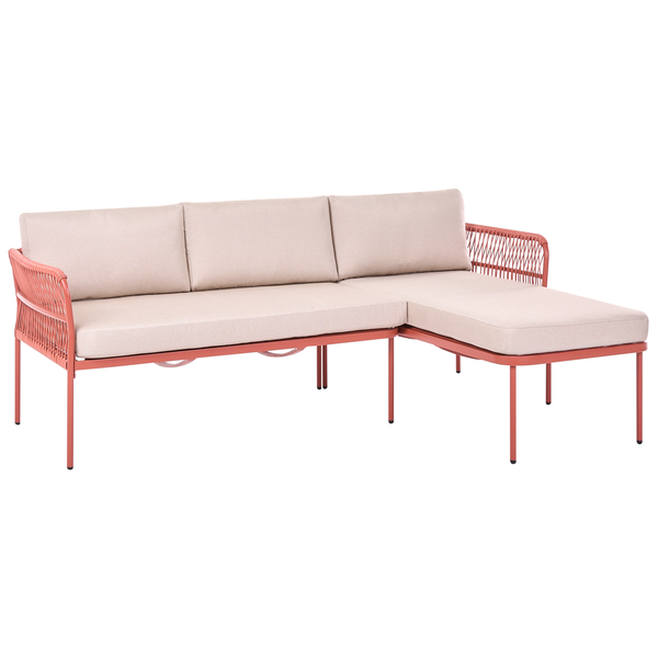 Ecksofa für den Garten mit Sitzpolstern, Rückenkissen und dekorativem Seilgeflecht an den Armlehnen.