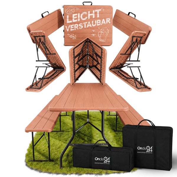 Klappbare Bierzeltgarnitur in Holzoptik mit einem Tisch, zwei Bänken, zwei Tragetaschen und Ondis24 Logo.