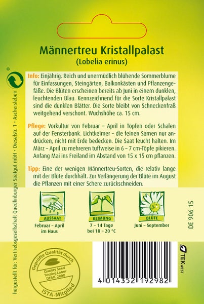 Rückseite der Samentüte Männertreu Kristallpalast mit Informationen zu Aussaat, Keimung, Blütezeit sowie Pflege von Lobelia erinus und Qualitätssiegeln.