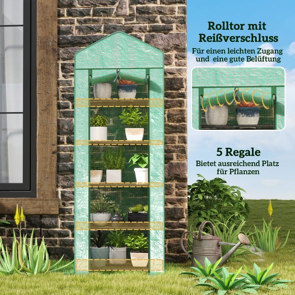 Outsunny Gewächshaus mit Rolltür, Regale, winterfest Foliengewächshaus aus Stahl, Treibhaus für Balkon, Garten, Tomatenhaus 69 x 49 x 193 cm, Tomatengewächshaus für Tomaten, Gemüse, Blumen, Grün