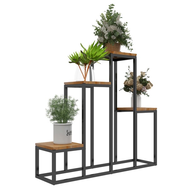 Outsunny Pflanzenständer, Blumenregal mit 4 Etagen, Pflanzenregal Pflanzentreppe, Blumenständer für Balkon, Garten, Hellbraun, 80 x 20 x 74 cm
