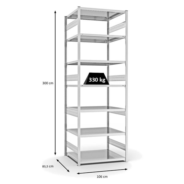 PROREGAL Fachbodenregal Stecksystem T-Profil Heavy-Duty Grundregal HxBxT 300 x 100 x 80 cm 7 Ebenen Fachlast 330 kg Beidseitig Nutzbar Lichtgrau