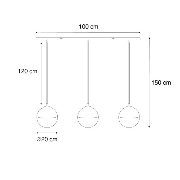 Technische Zeichnung einer Pendelleuchte mit drei Leuchten und Maßangaben