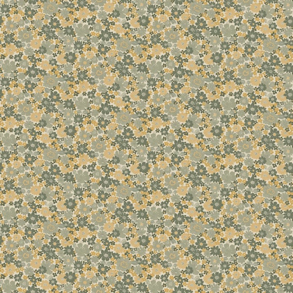 Vliestapete mit dichtem, kleinteiligem Blumenmuster in Grün und Beige im Vintage Stil.