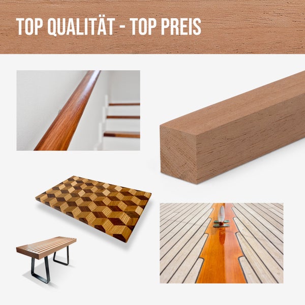 Quadratischer Holzbalken aus Hartholz mit Beispielen für Treppenhandlauf, Schneidebrett, Sitzbank und Schiffsdeck.