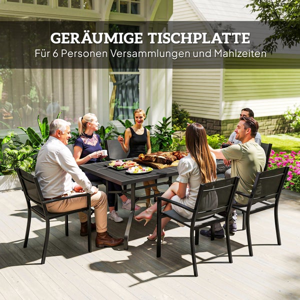 Outsunny Gartentisch 152x90 cm, Wetterfest Balkontisch aus Stahl, Beistelltisch mit Schirmloch, Latten-Design Esstisch Outdoor, Campingtisch, rechteckig Terrassentisch für Garten Balkon Schwarz
