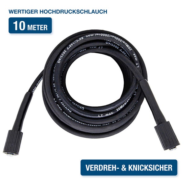Hochdruckschlauch 10 Meter, verdreh- und knicksicher, maximal 200 bar, für Temperaturen bis 60 Grad Celsius.