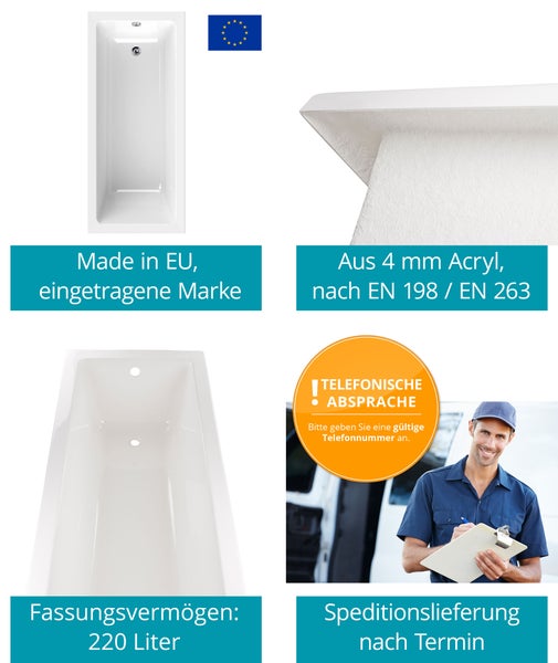 Rechteckige Badewanne aus 4 Millimeter Acryl, hergestellt in der Europäischen Union, 220 Liter Fassungsvermögen, Speditionslieferung nach Termin.