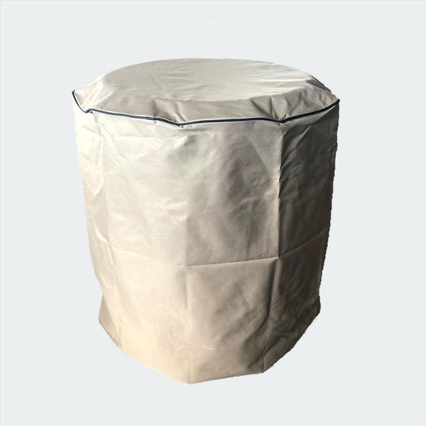 Runde beige Schutzhülle für Gartenmöbel aus strapazierfähigem Textilmaterial mit dunkler Paspelierung.