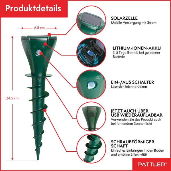PATTLER® Maulwurf Vertreiber 2er Set - Effektiv Maulwurf vertreiben auf ca. 800m² - Flexible Verwendung durch Solarmodul - innovatives Schraubdesign erhöht Effektivität