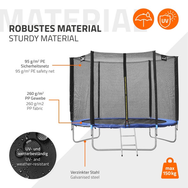 Hauki Trampolin Outdoor, Ø244 cm, Blau, GS geprüft, Rundes Gartentrampolin für Kinder bis 150 kg, Komplettset mit Sicherheitsnetz, Leiter, Randabdeckung, Gepolsterte Stangen, Stabile Kindertrampolin