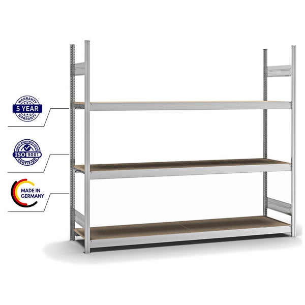 PROREGAL Weitspannregal Stecksystem T-Profil Grundregal HxBxT 200x225x50 cm 3 Ebenen Spanplatten Fachboden Fachlast 350 kg Verzinkt