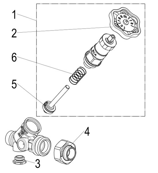 Explosionszeichnung eines Ventils mit Handrad, Ventilspindel, Feder und Ventilgehäuse, nummerierte Einzelteile von 1 bis 6.