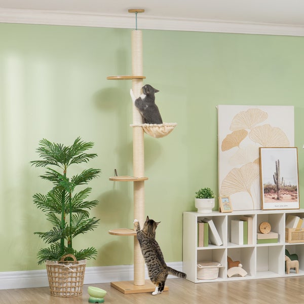 PawHut Kratzbaum, Katzenkratzbaum Deckenhoch, 230-250 cm, Kletterbaum mit Hängematte, Katzenbaum Höhenverstellbar, Spielbaum mit Kippschutz, Plüsch, Eiche+Cremeweiß