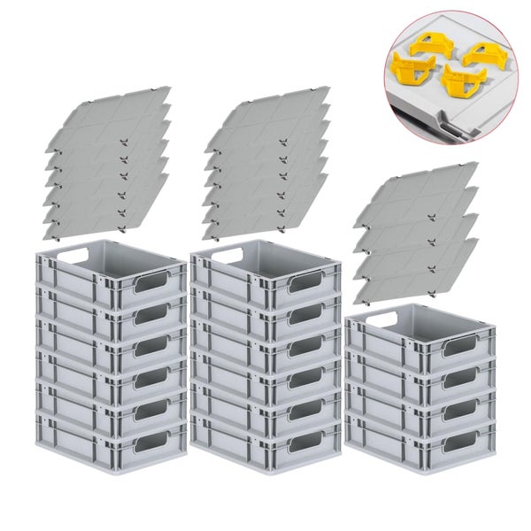 PROREGAL Spar Set 16x Eurobox Nextgen Economy Mit Auflagedeckel & 4x Schiebeschnappverschlüsse Gelb Griffe Offen HxBxT 12 x 30 x 40 cm 11 Liter