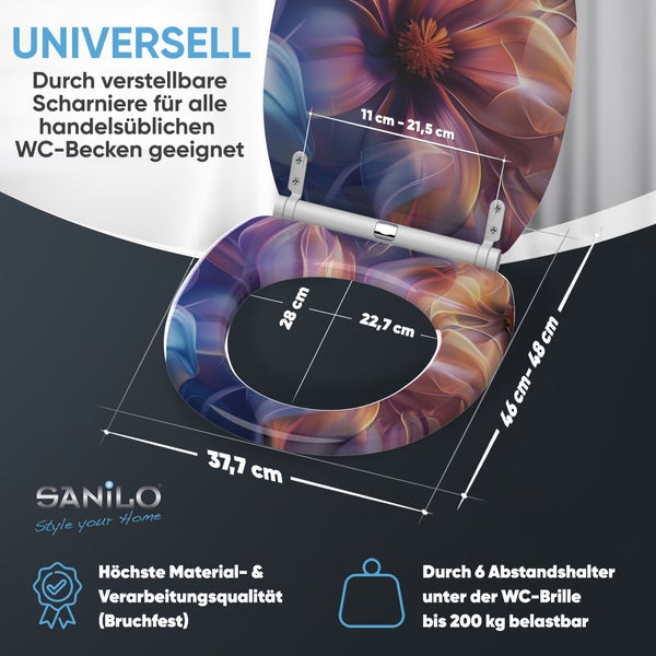 Sanilo WC-Sitz mit Blumenmuster und verstellbaren Scharnieren, passend für alle Standard-WC-Becken, belastbar bis 200 Kilogramm